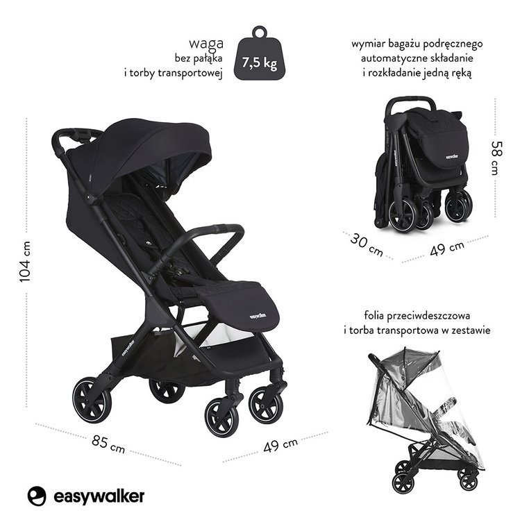 Easywalker Jackey Kompaktowy wozek spacerowy z torba transportowa Shadow Black