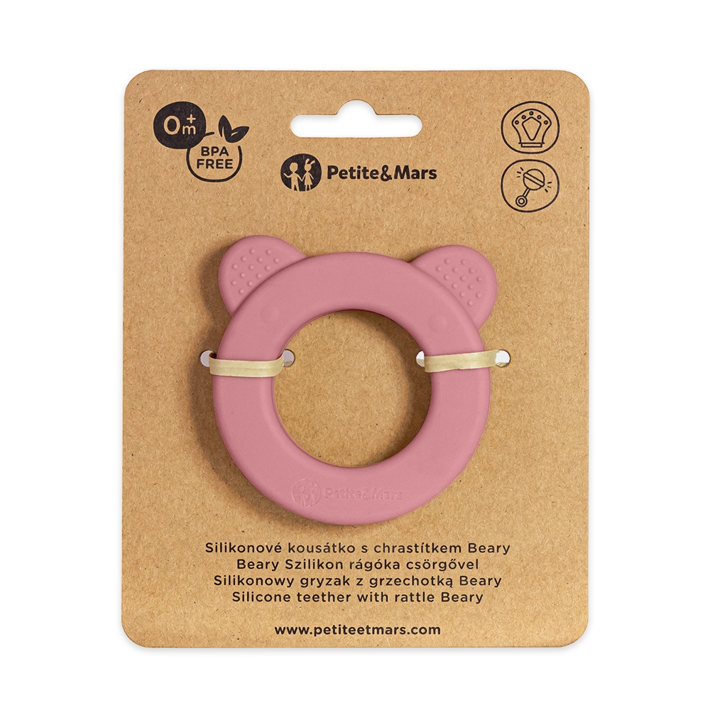 PETITE MARS Silikonowy gryzak z grzechotką Beary Dusty Rose 0m+