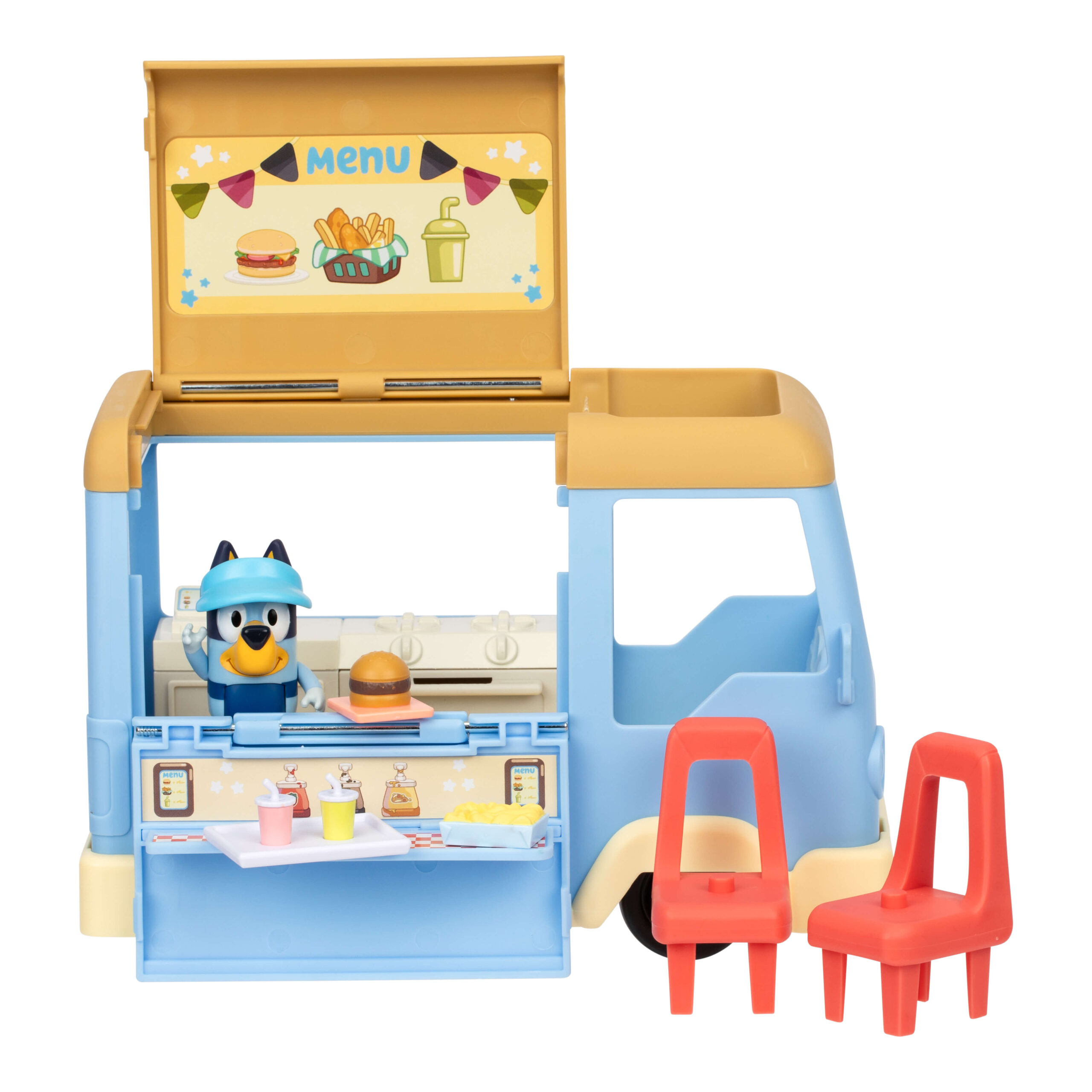 Bluey Food Truck otwarty – figurka Bluey wewnątrz pojazdu dwa krzesełka przed kawiarenką