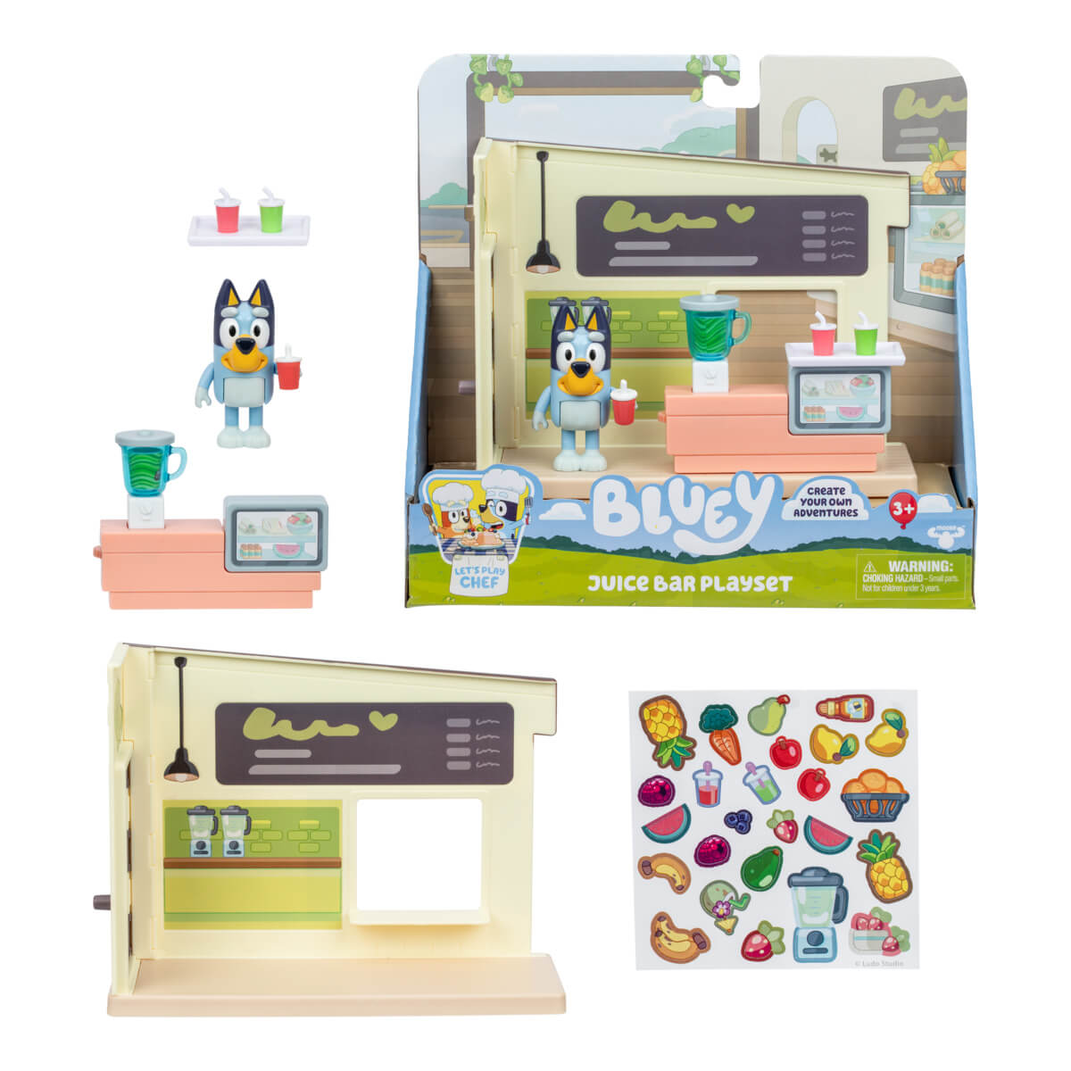 Zawartość zestawu Bluey Juice Bar figurka Bluey bar z sokami stolik i akcesoria