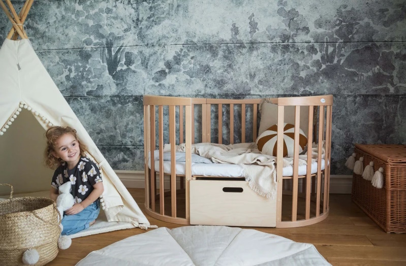 łóżeczko owalne 7w1 otwarte z szufladą, wersja tapczanik łóżeczko owalne 7w1 otwarte z szufladą, wersja tapczanik