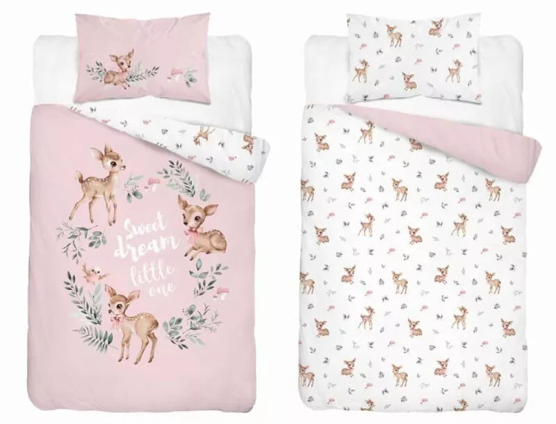 Posciel dwustronna bawelniana do łóżeczka sarenki różowe 90x120 wzor 5511B