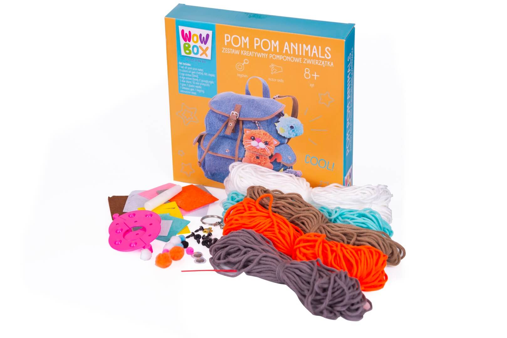 Zawartość zestawu WOW BOX – pompony, oczka, klej i akcesoria
