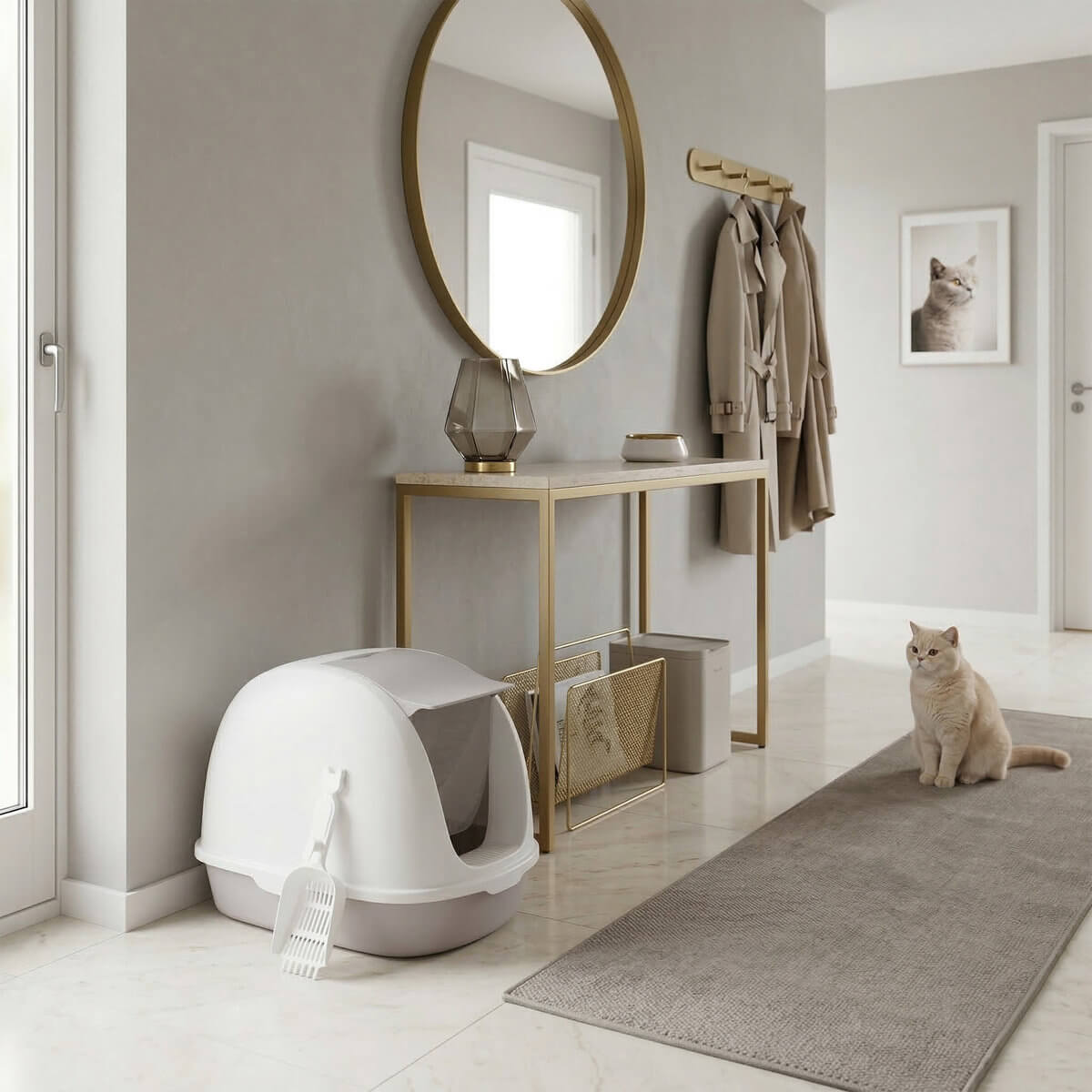 Kuweta dla kota Carinio Capsule White XL ustawiona w przedpokoju