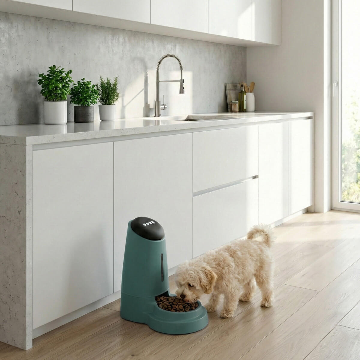 Dozownik karmy MilooPets PetPortion Blue w pomieszczeniu