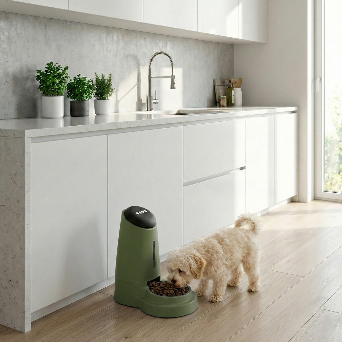 Dozownik karmy MilooPets PetPortion Green w pomieszczeniu