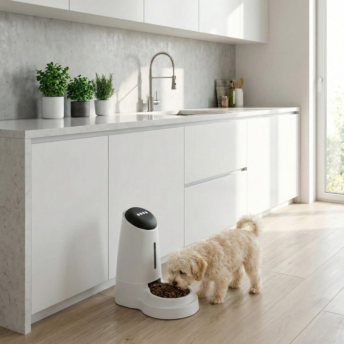 Dozownik karmy MilooPets PetPortion White w pomieszczeniu