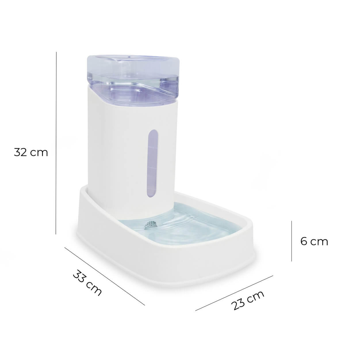 Wymiary dozownika MilooPets FlowFeed White – 33 × 23 × 32 cm Wymiary dozownika wody MilooPets FlowFeed White 33 x 23 x 32 cm