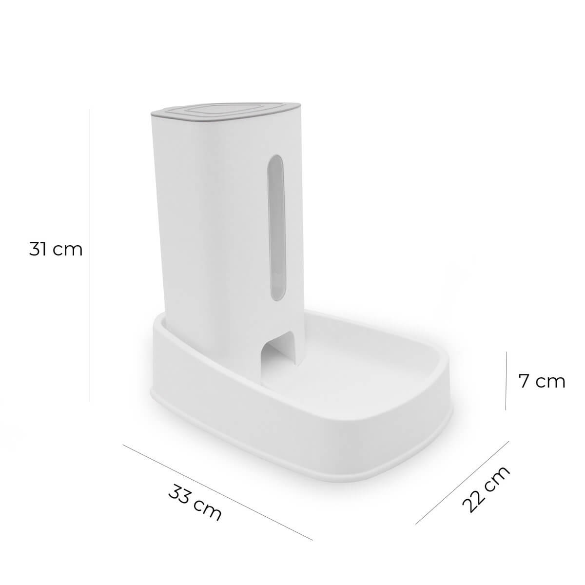 Wymiary dozownika karmy MilooPets FlowFeed White 33 x 22 x 31 cm